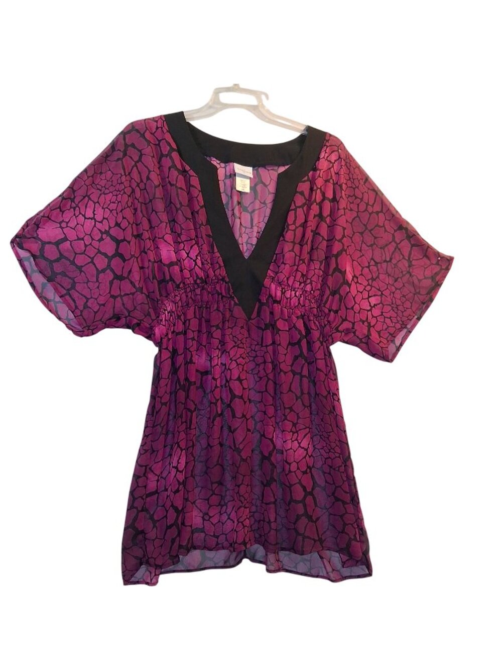 Jaclyn Smith Purple & Black Animal Print Sheer V-Neck Tunic Top XL Short Sleeve